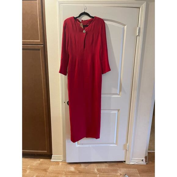 Maxi dress Lipstick red 100% red silk with 5 rhinestone diamond shaped buttons - Picture 2 of 6